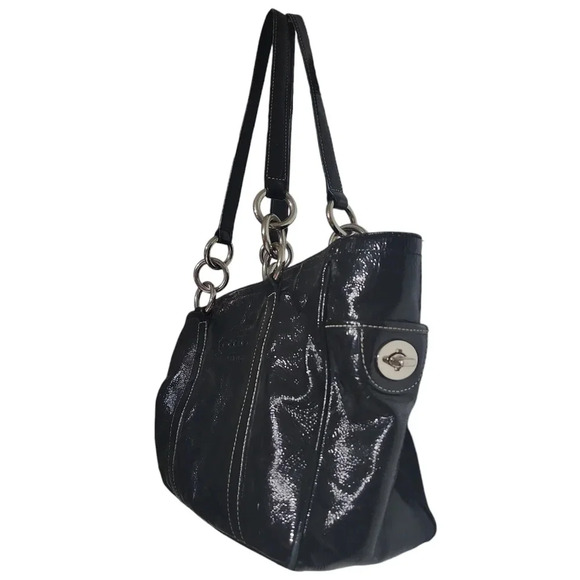 Coach Gallery F12839 Black Patent Leather Shoulder Tote – Turnlock Side Pockets - Picture 6 of 16